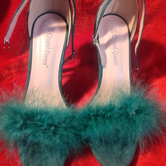 Crystal Queen Kelly Green Suede Open Toe Feather Ankle Strap Heels Size 40 - Picture 5 of 9